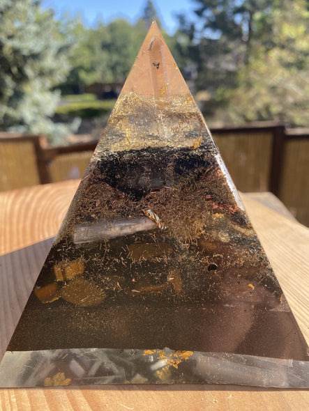 Black Tourmaline Smokey Lemurian Large Pyramid - OrAgonite
