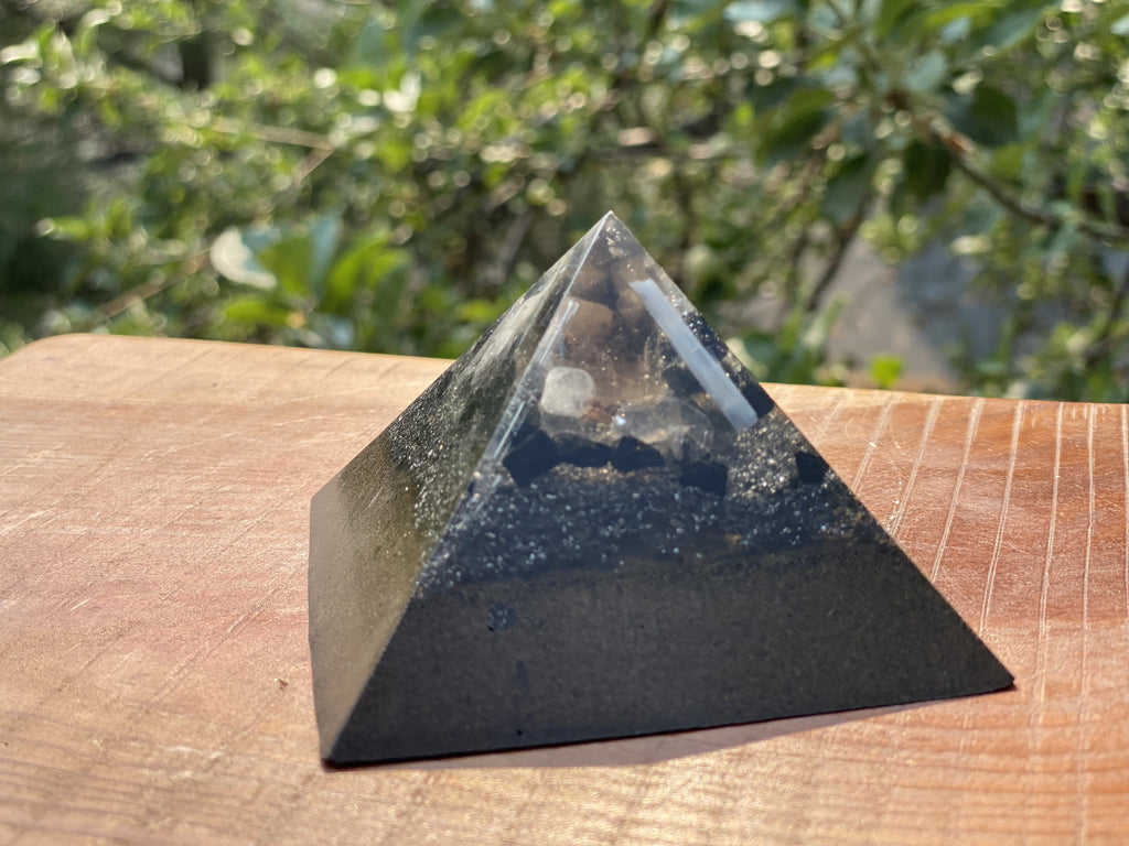 Medium Smokey Quartz and Tourmaline Pyramid - OrAgonite