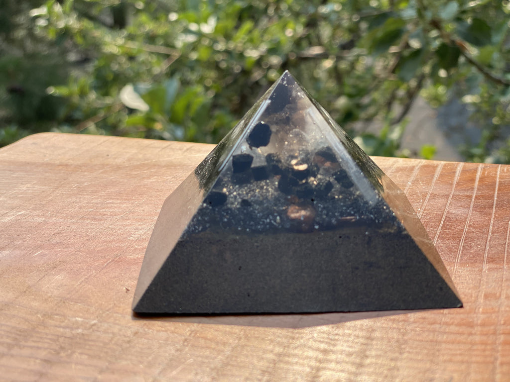 Medium Smokey Quartz and Tourmaline Pyramid - OrAgonite
